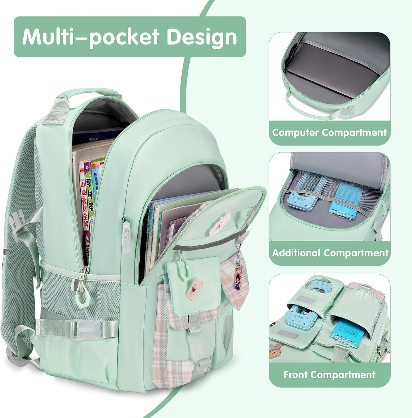 ACESAK Girls Backpack - Bento Box with Insulated Lunch Bag Pencil Case & Utensils Set for Kids, 6 Leakproof Compartments Removable Tray Lunches or Snack Container for School (Green)