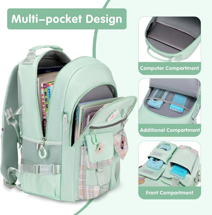 ACESAK Girls Backpack - Bento Box with Insulated Lunch Bag Pencil Case & Utensils Set for Kids, 6 Leakproof Compartments Removable Tray Lunches or Snack Container for School (Green)