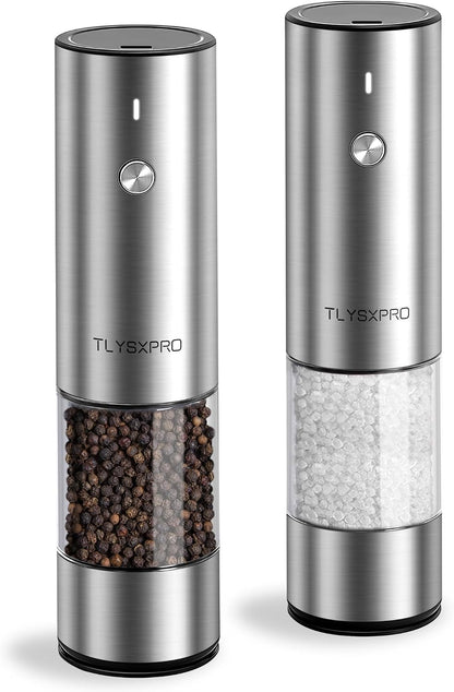 Electric Salt and Pepper Grinder Set, USB Rechargeable, Automatic Salt and Pepper Mill Grinder with Adjustable Coarseness, Electric Salt Shakers, LED Light, Refillable (2 Packs, Greige)