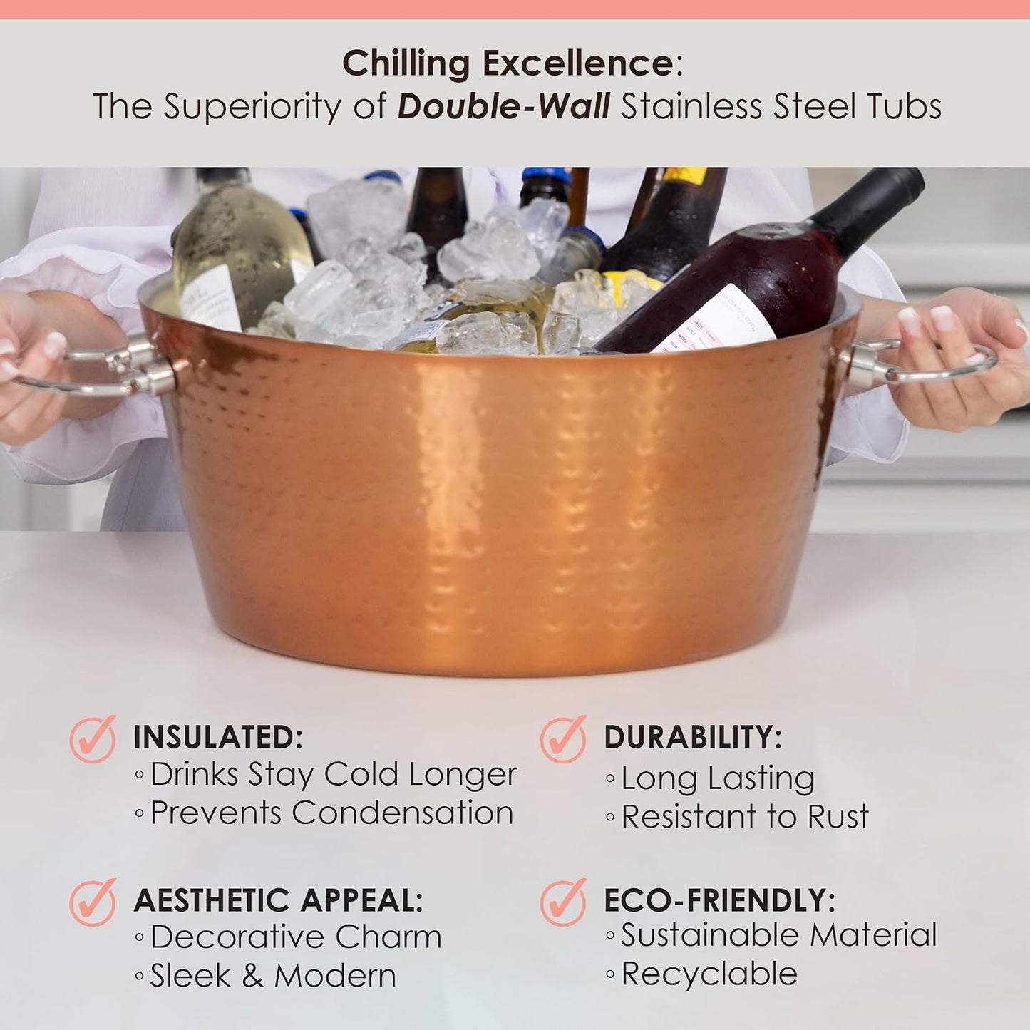 Insulated Stainless Steel Large Ice Bucket with Lid for Parties, Anchored Metal Ice & Beverage , Champagne Bucket for Extended Chill - 12-Quarts