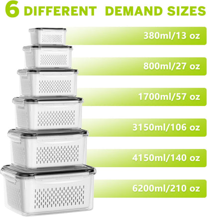 HOMETALL 5 Pack Fruit Storage Containers for Fridge, Plastic Fruit Containers for Fridge with Removable Colanders, Leakproof Fridge Organizers and Storage for Berry Vegetable Salad Lettuce Meat Food