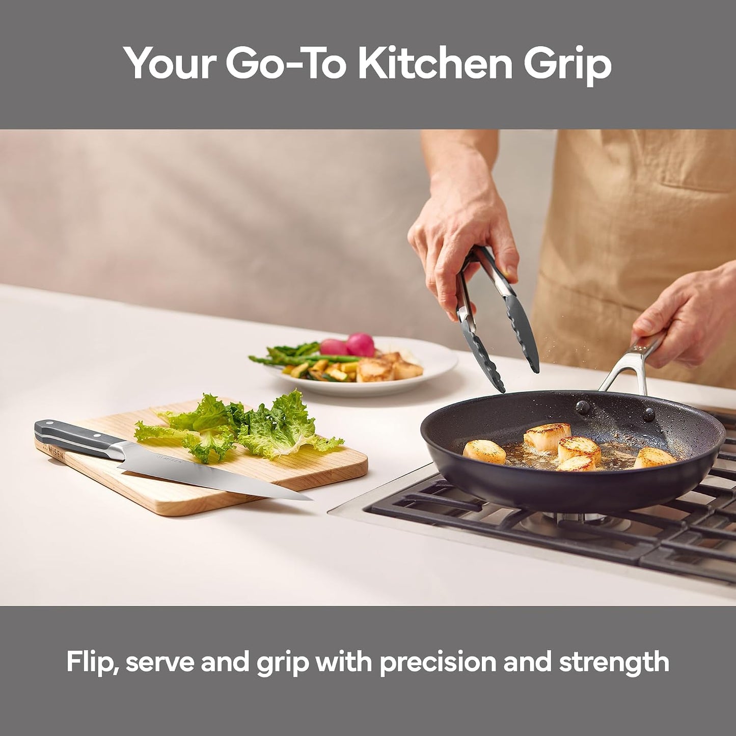 Misen Kitchen Tongs - Dishwasher Safe, Heavy Duty - Precision Stainless Steel Grilling Tool - Heat Resistant - Perfect for Serving and Air Frying - 13 Inch | Gray