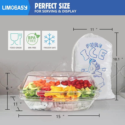 LIMOEASY Chilled Veggie Tray, 15 Inch Clear Party Platter with 4 Compartments, Ice Serving Bowl with Lid, Cold Food Buffet Server for Fruit, Vegetable, Appetizer, Shrimp