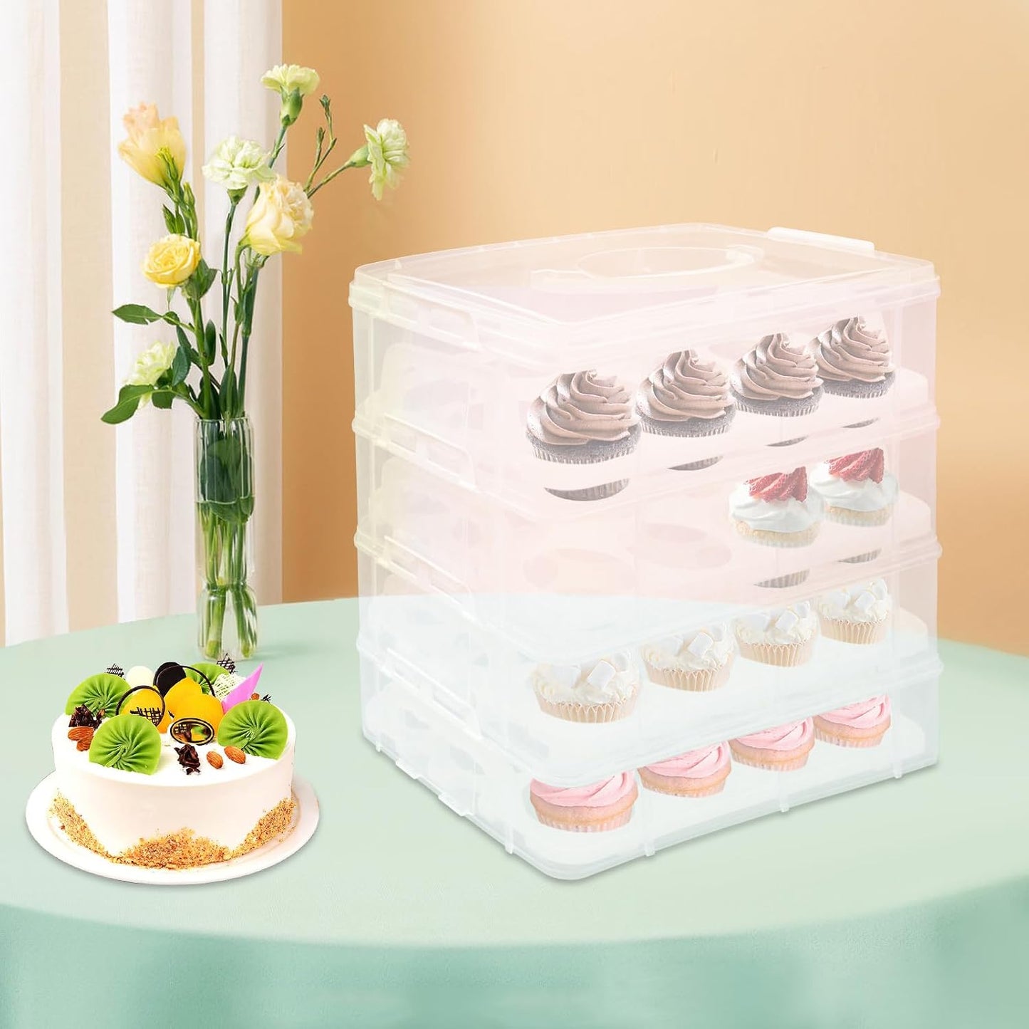 4 Tier 48 Plastic Cupcake Carrier, Detachable Cupcake Carrier Storage Container with Handle, Lid and Clear View Shell Stacking Cupcake Holder for Cake Fruits Salads Cookies Biscuits