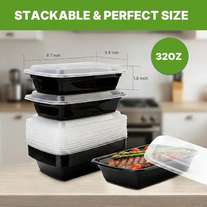 50 Pack (100-Piece) Meal Prep Containers with Lids, Reusable 2-Compartment Food Storage, Sturdy Leakproof, Food Safe, Microwave Freezer Dishwasher Safe, To-Go Takeout Plastic Containers – 60828