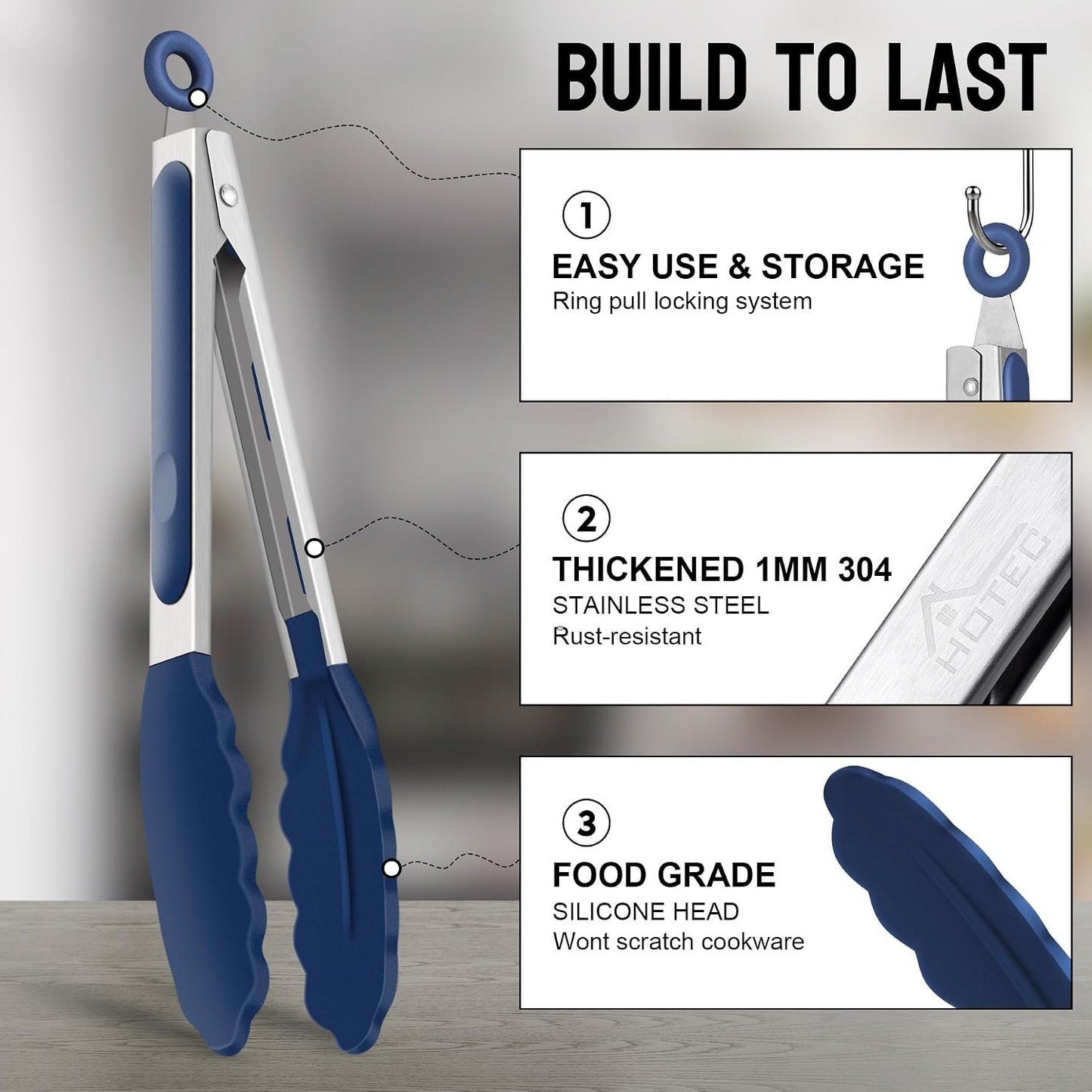 HOTEC Premium Stainless Steel Locking Kitchen Tongs with Silicon Tips, Set of 2-9" and 12"