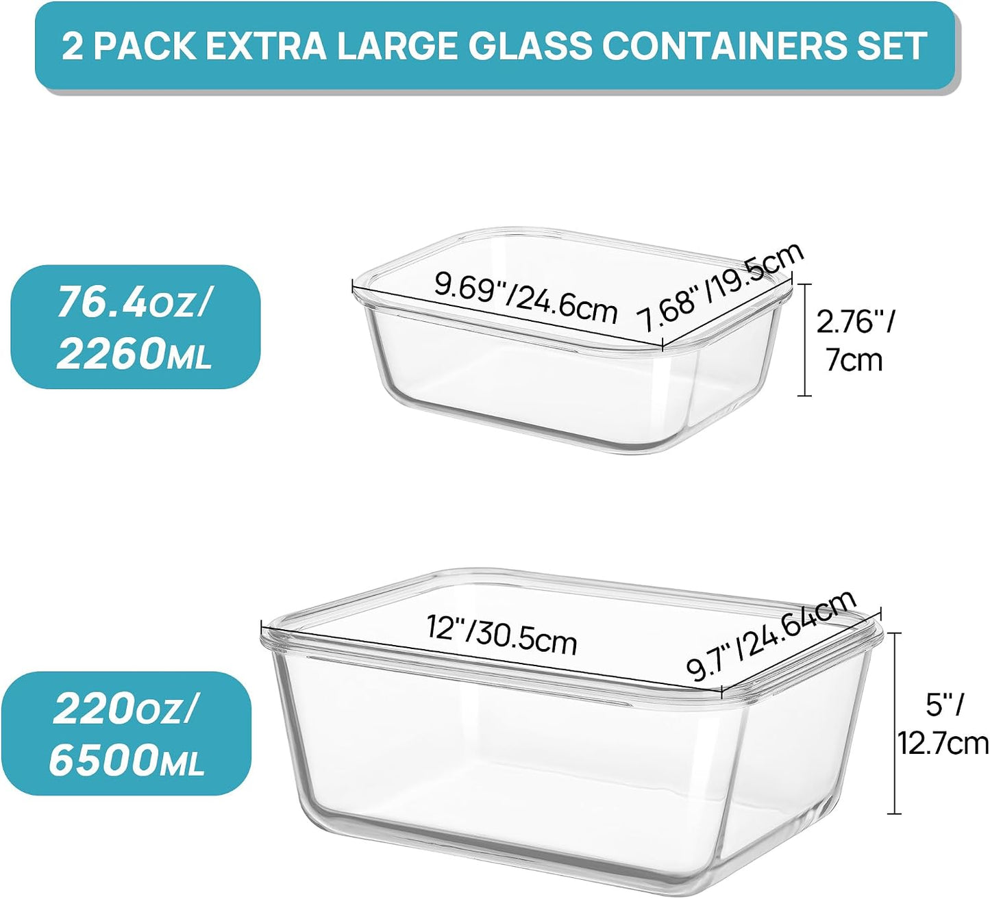 Vtopmart 2.26L/76oz Extra Large Glass Food Storage Containers with Lids, 6 pack Meal Prep Container Set, Airtight Lunch Boxes with Snap Locking Lids for Microwave, Oven, Freezer, Dishwasher