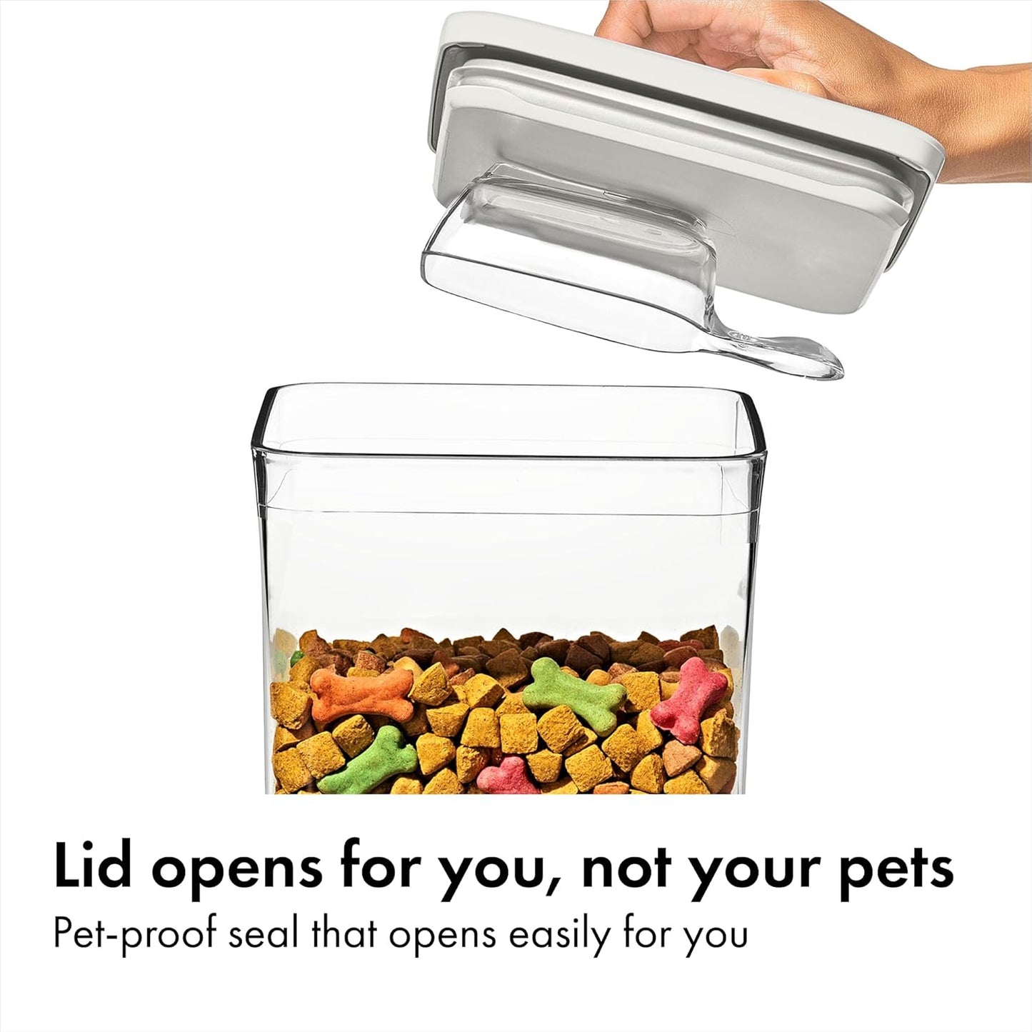 OXO Good Grips Pet POP Container – 6.0 Qt/5.7 L with Half Scoop, Ideal for up to 6.5lbs of Dog Food or 4.5lbs of Cat Food, Airtight Dog and Cat Food Storage Container, BPA Free, Clear