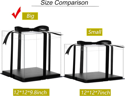 XININSUN 2Pcs Large Cake PET Clear Box, 10" X 10" X 9" with ribbon and pre-folded lid, for 8" cake packing carry, baking cookie display, Carry Tall Layer Gift, Festive Gift Box -White