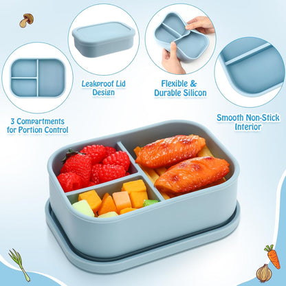 Honeydak 6 Pcs Silicone Bento Box Reusable Silicone Bento Lunch Container for Adults Microwave Dishwasher Freezer Safe 3 Compartment (Light Colors)