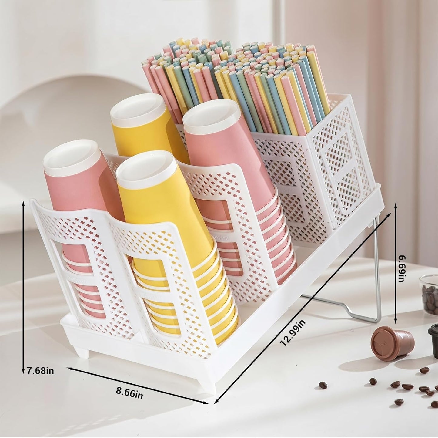 Detachable Paper Cup and Lid Holder, 6 Slots Disposable Cup Dispenser with Straw Organizer, Countertop Organizer for Coffee Station Bar Restaurant Office Breakroom (White)