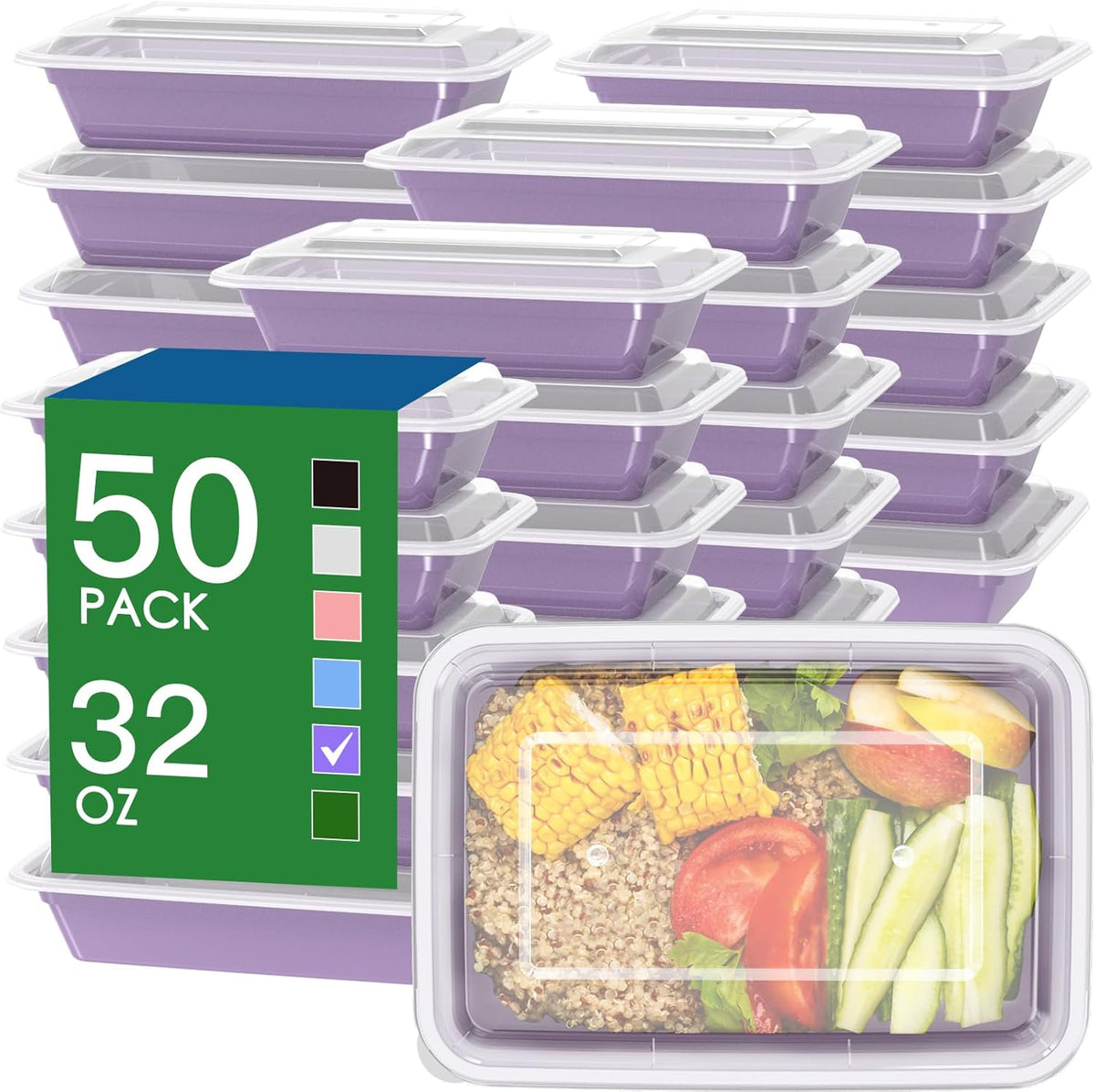 50 Pack (100-Piece) 32 oz Meal Prep Containers Reusable with Easy Open Lids, Sturdy Leakproof Food Safe, Microwave Freezer Dishwasher Safe, To Go Take Out Plastic Food Storage Pans with Lids, Black