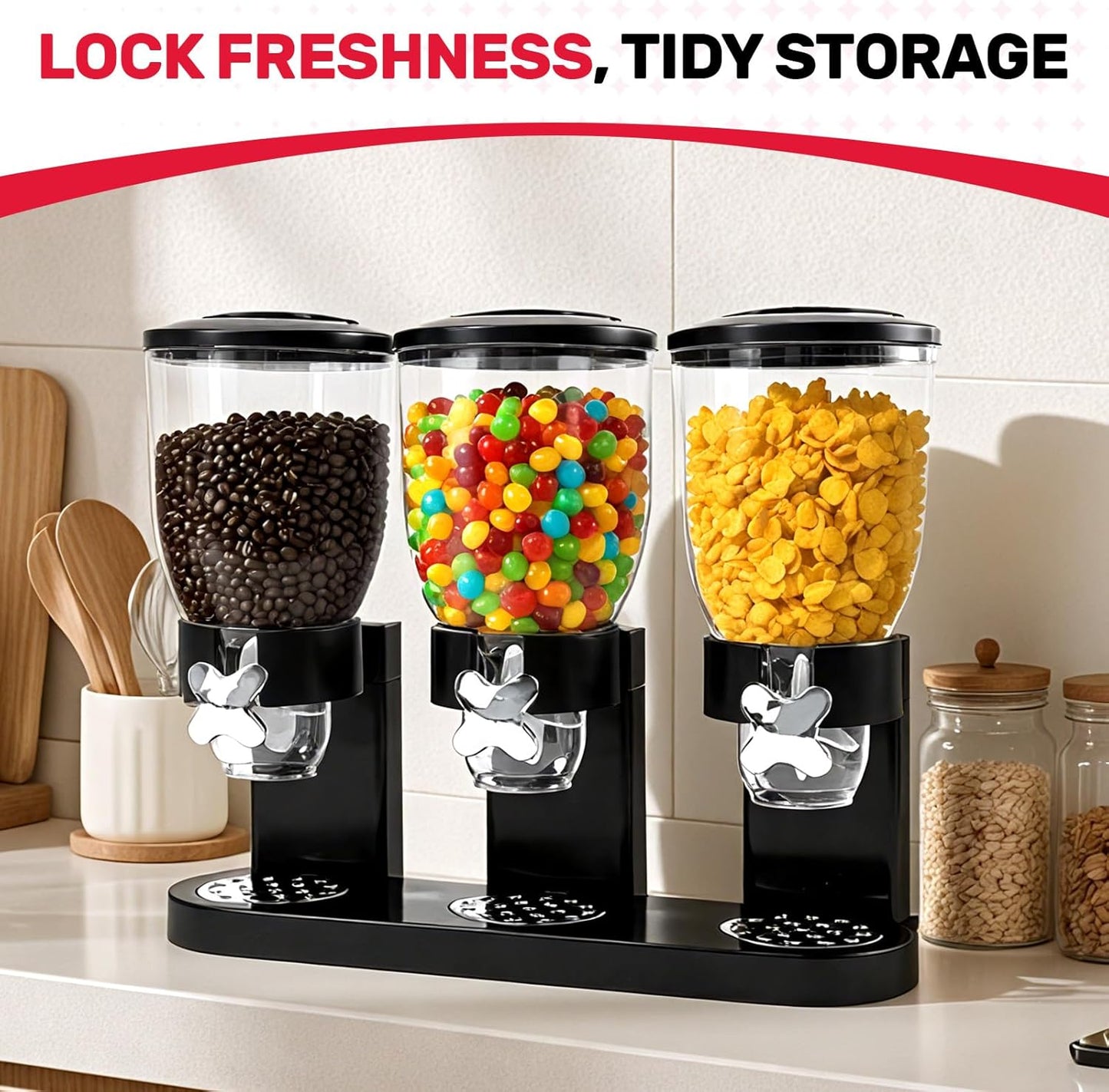 Triple Cereal Dispenser Countertop 2L, Airtight Cereal Containers Storage, Large Capacity Total 6L for Kitchen Pantry, Rotating Dry Food Dispenser for Candy, Nut, Coffee Beans, White