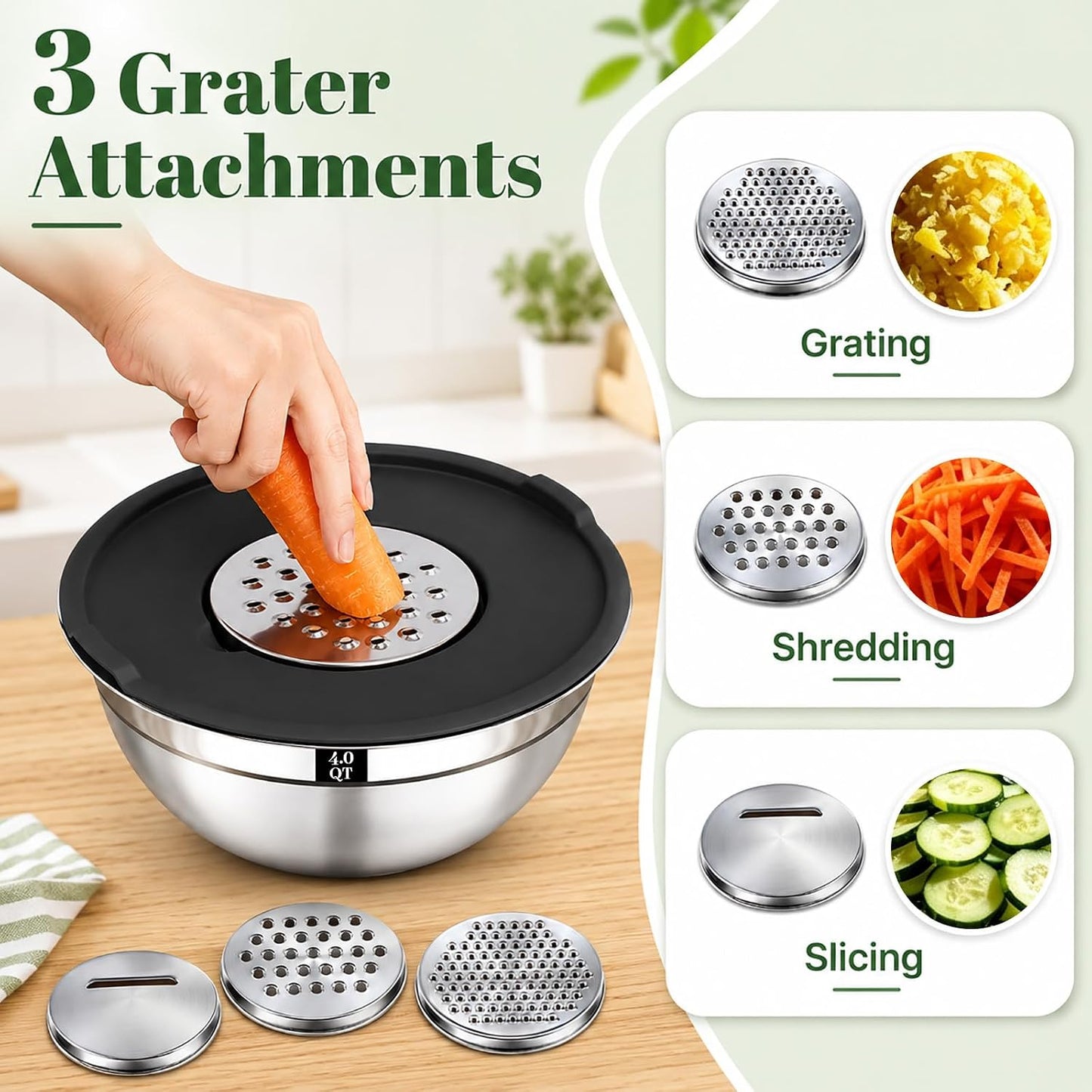 21PCS Mixing Bowls with Lids Set - 7 Nesting Mixing Bowls, 3 Graters, 11 Baking Tools, Lids, Stainless Steel Mixing Bowls for Mixing & Baking, Size 0.7/1.1/1.5/2.1/3.5/4/4.5 QT, Black