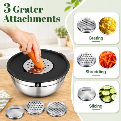 21PCS Mixing Bowls with Lids Set - 7 Nesting Mixing Bowls, 3 Graters, 11 Baking Tools, Lids, Stainless Steel Mixing Bowls for Mixing & Baking, Size 0.7/1.1/1.5/2.1/3.5/4/4.5 QT, Black