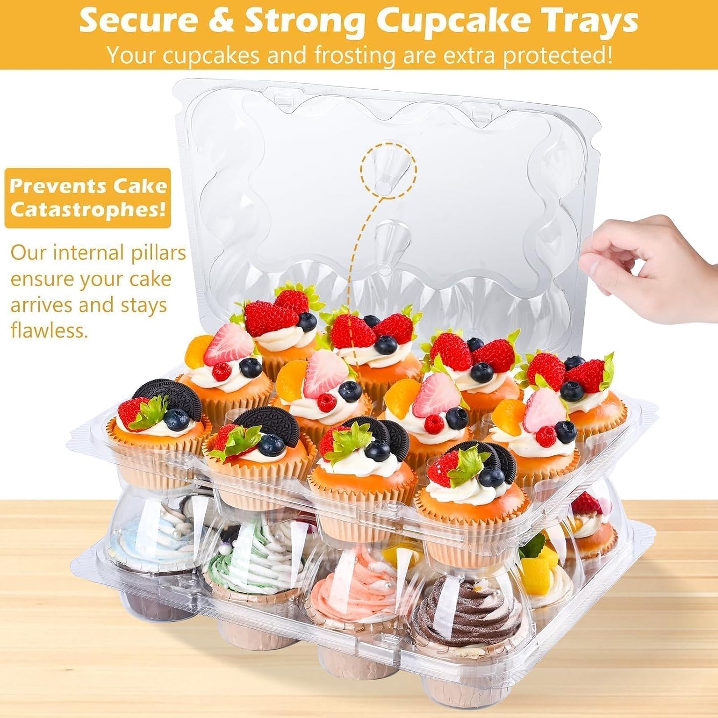 Plastic Cupcake Containers 12 Count (12 Sets), Stackable Cupcake Boxes Holders with Tall Dome Lid, Disposable Cupcake Carrier Trays Include 150 Cupcake Liners