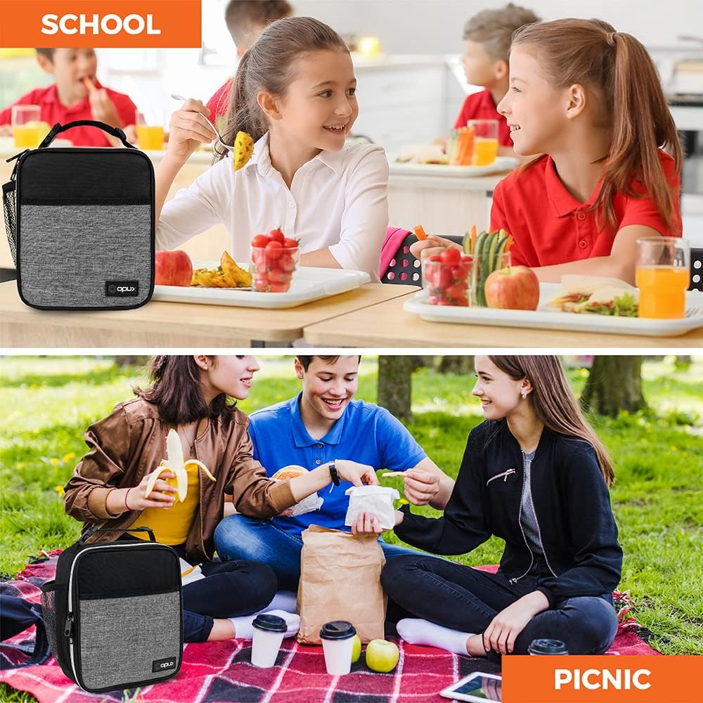 opux Premium Insulated Lunch Box, Soft School Lunch Bag for Kids Boys Girls, Leakproof Small Lunch Pail Men Women Work, Reusable Compact Cooler Tote Lunchbox for Office Adult, Black