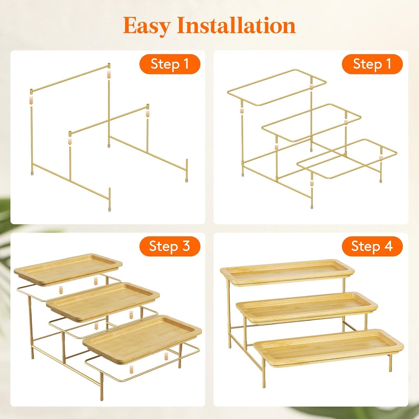 Lifewit 3 Tier Bamboo Serving Tray for Party Supplies, 30 x 17 cm/12" x 6.5" Platters for Serving Food, Reusable Trays with Gold Metal Display Stand for Veggie, Fruit, Cookies, Dessert