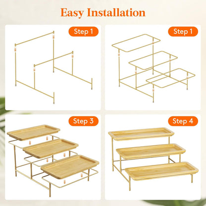 Lifewit 3 Tier Bamboo Serving Tray for Party Supplies, 30 x 17 cm/12" x 6.5" Platters for Serving Food, Reusable Trays with Gold Metal Display Stand for Veggie, Fruit, Cookies, Dessert