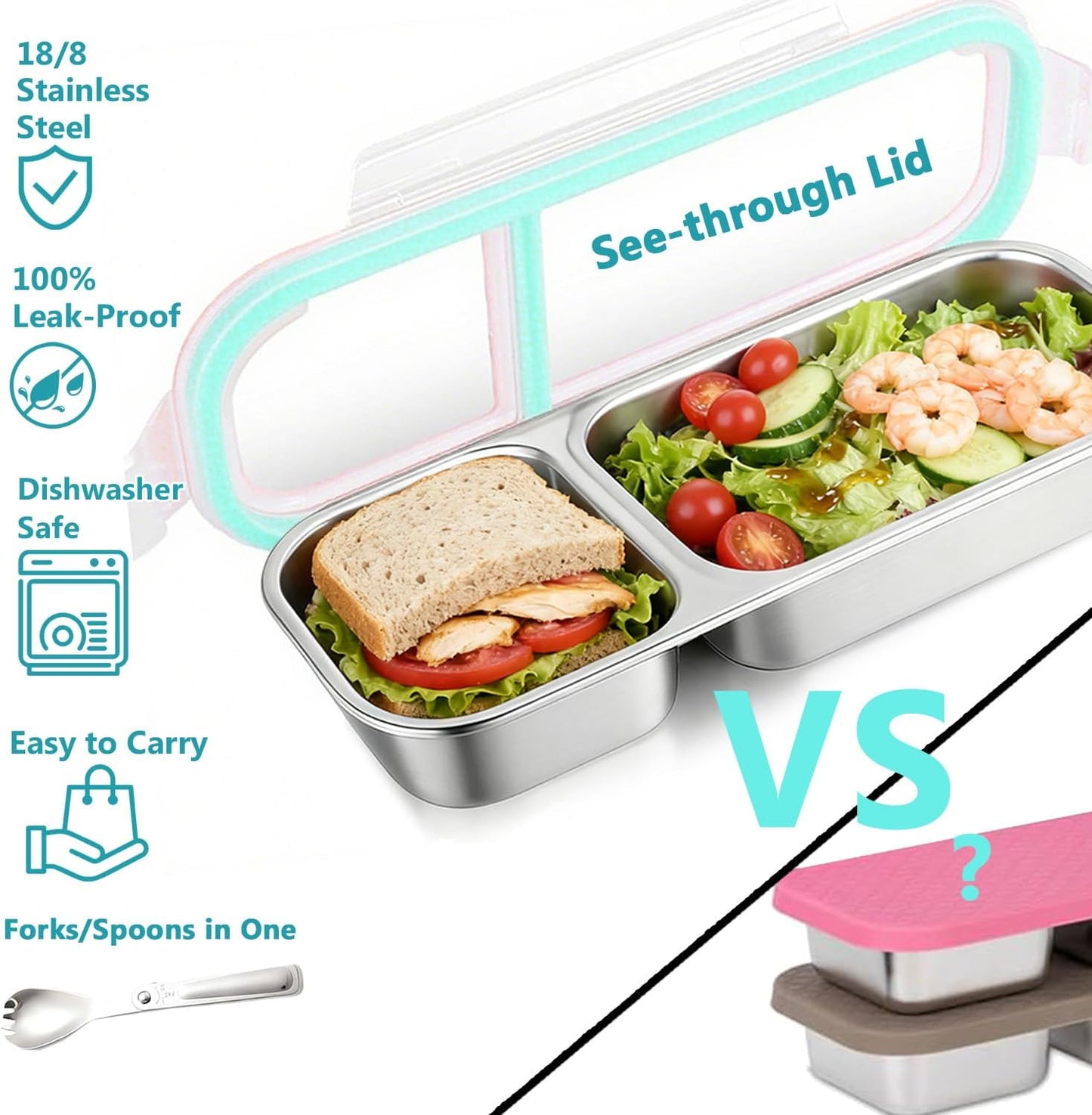 Snack Containers with Airtight Lids Reusable Stainless Steel 3-Compartment Metal Bento Lunch Box for Adults, Divided Food Storage Lunchable Meal Prep Containers, Snack Box with Spoon Sauce Jar