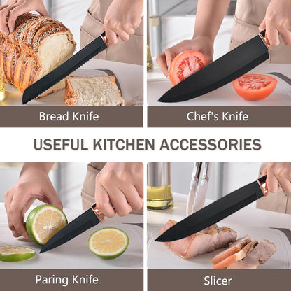 Non-Stick Silicone Cooking Utensils Set, 5 Pcs with Wooden Handle, Heat Resistant Silicone Kitchen Gadgets (Black)