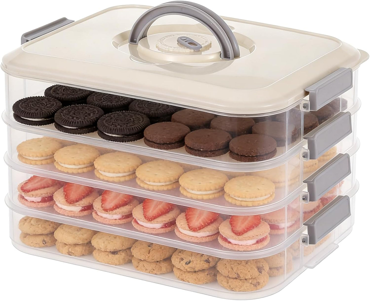 4-Tier Cookie Container with Airtight Lid and Handle Stackable Food Storage Container Dumpling Storage Box Portable Cookie Carrier for Cupcakes Desserts Wonton and Snacks