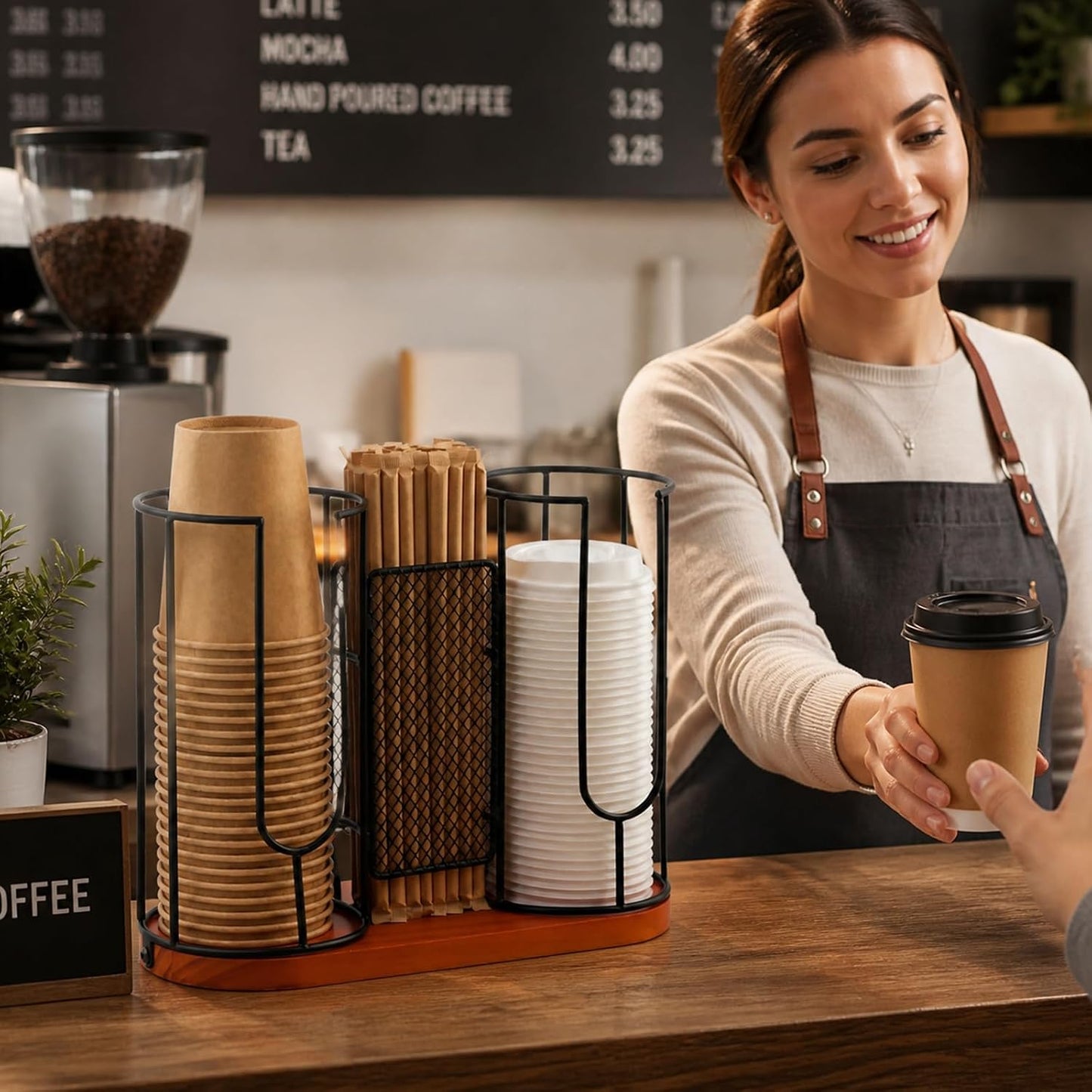 2-Compartment Coffee Cup Dispenser Rack, Disposable Cups Straws Organizer with Wooden Base, Paper Plastic Cup and Lids Holder for Coffee Station Bar Restaurant Office Breakroom Shop Kitchen