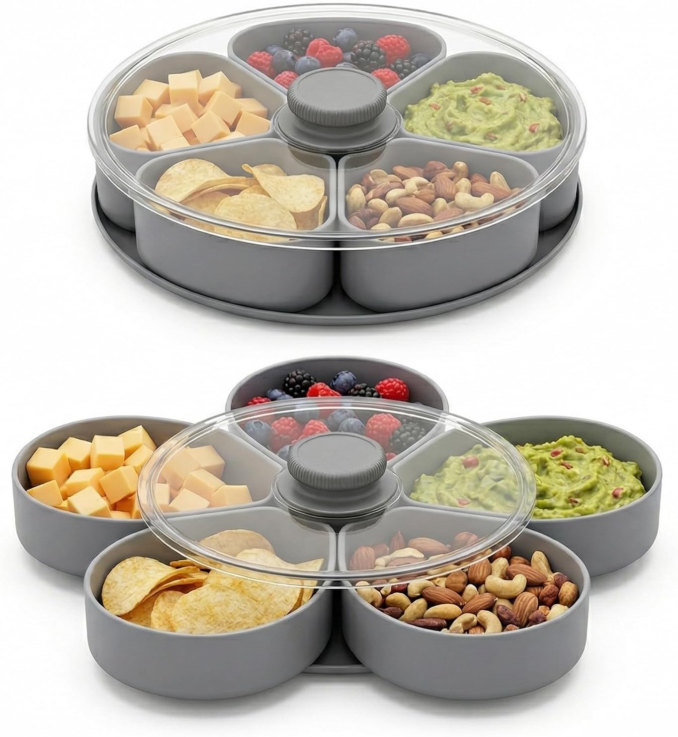 Divided Serving Tray that Spins, 5-Compartment Twist-to-Open Snack Tray with Lid, Expandable Party Platter for Fruit, Candy, Nuts, Veggies and Dips, Gray
