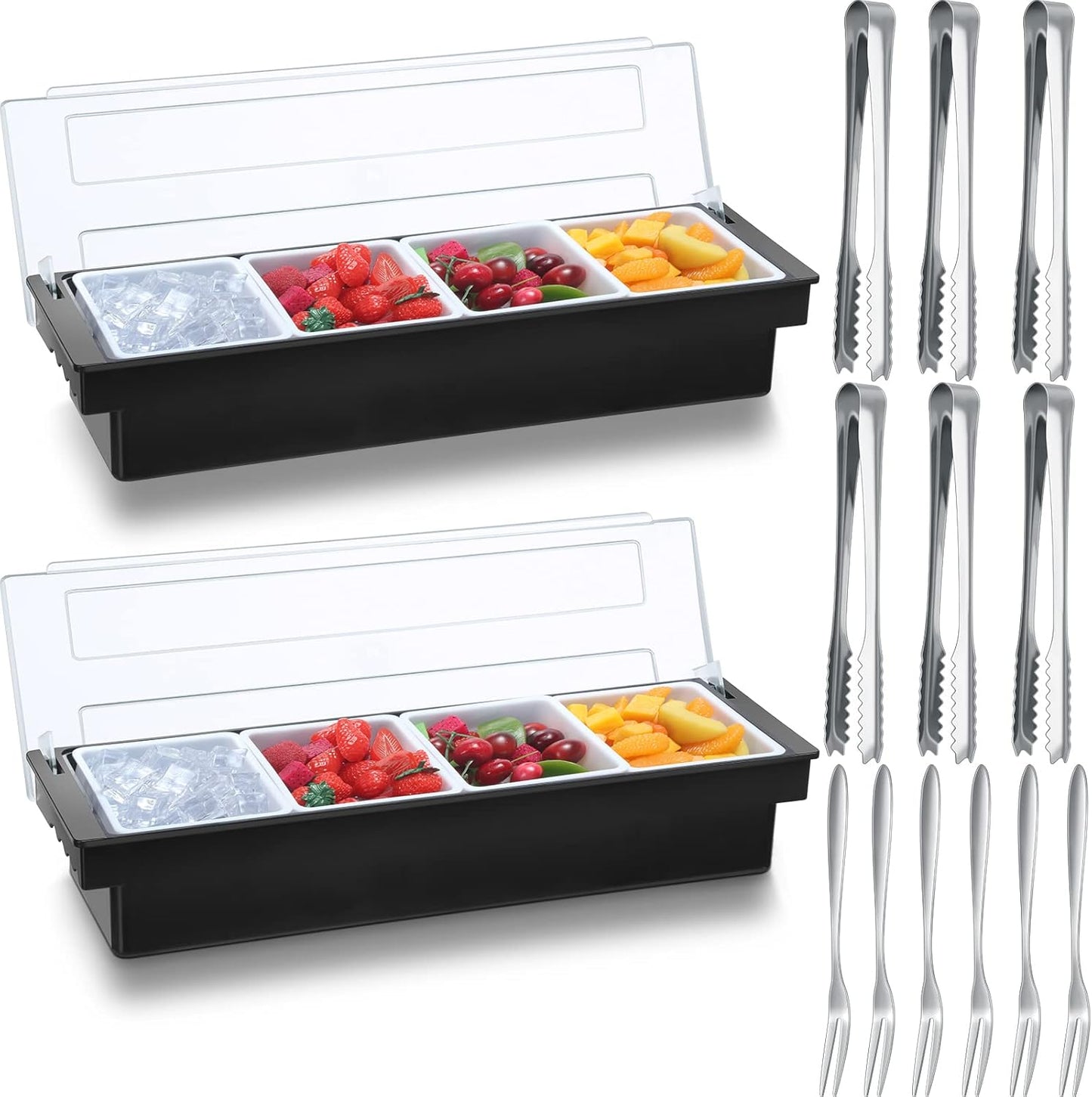 2 Ice Cooled Garnish Tray Deck Bar Garnish Caddy Condiment Containers with Lids and Removable Chilled Condiment Server with 6 Tongs and 6 Fruit Forks (6 Compartments)