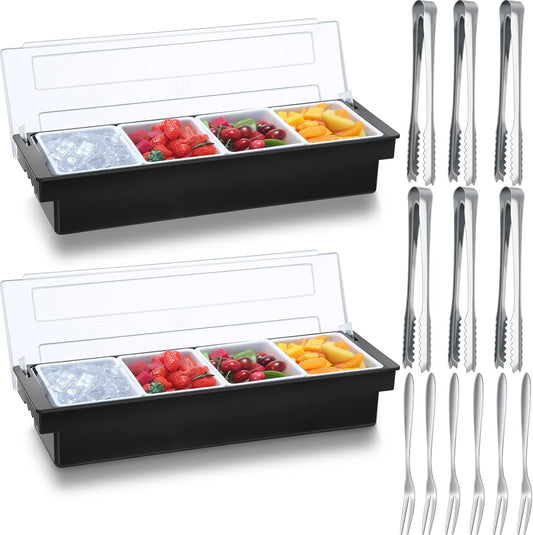 2 Ice Cooled Garnish Tray Deck Bar Garnish Caddy Condiment Containers with Lids and Removable Chilled Condiment Server with 6 Tongs and 6 Fruit Forks (6 Compartments)