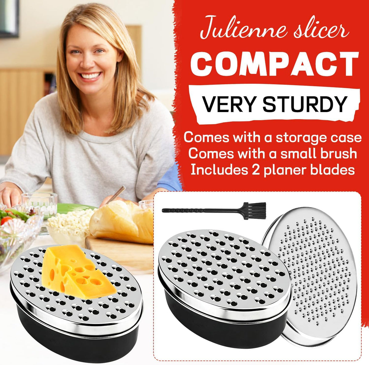 Cheese Grater with Container, Red Stainless Steel, Fine and Coarse Blades, Food Storage Box with Lid, for Parmesan, Cheddar, Ginger, Vegetables, Chocolate, Nutmeg