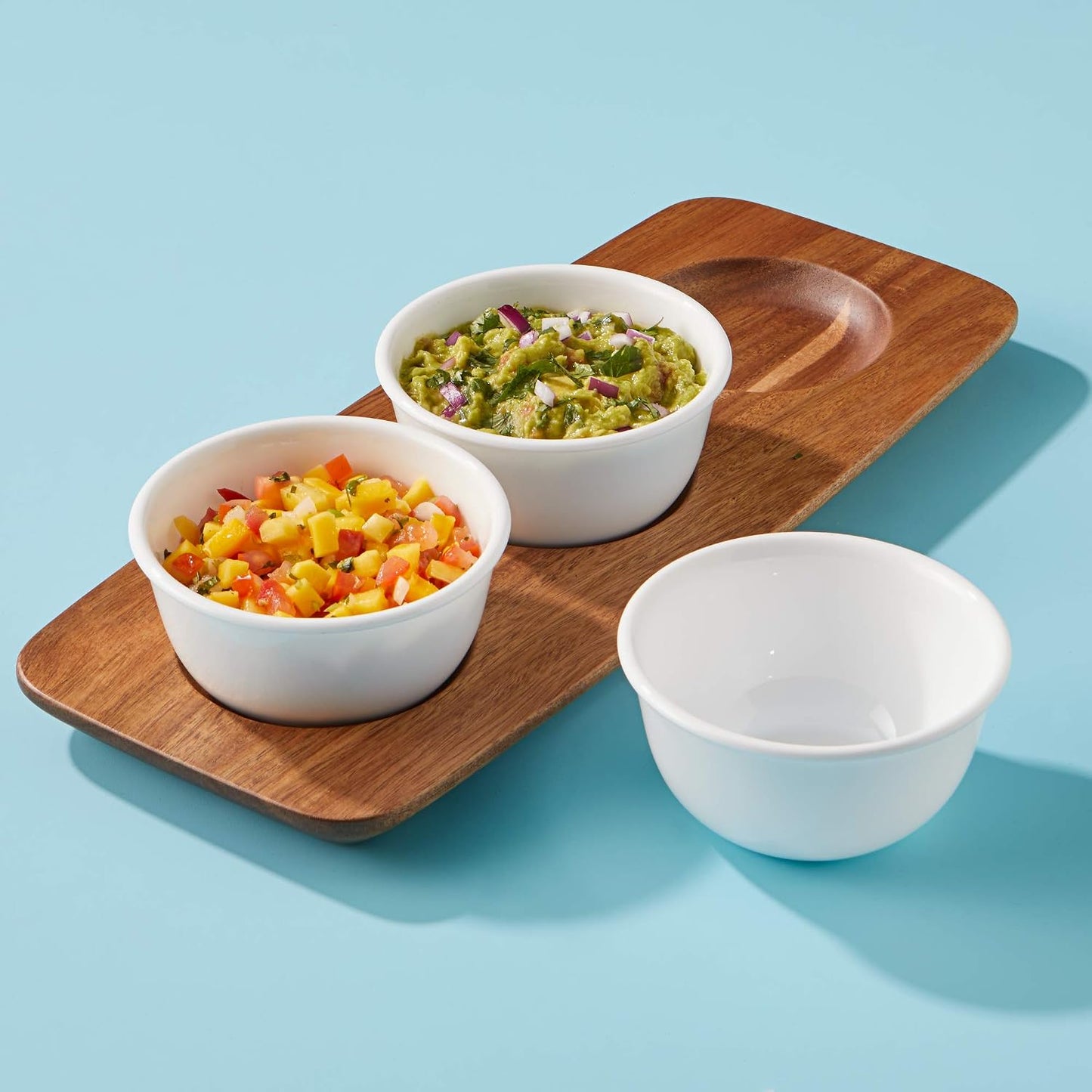 Corelle Vitrelle Coordinates 2-Pc Cheese Board with Bowl Serving Set,Charcuterie Platter with Bowl, Dip Bowl and Long Serving Board Set,Triple Layer Glass Bowls are Dishwasher and Microwave Safe,White