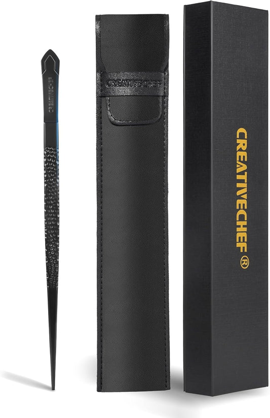 CREATIVECHEF Chef Tweezer Tongs, Professional Kitchen Tweezers, Precision Tweezer Tongs for Cooking, BBQ, Plating, Stainless Steel, Black (2)