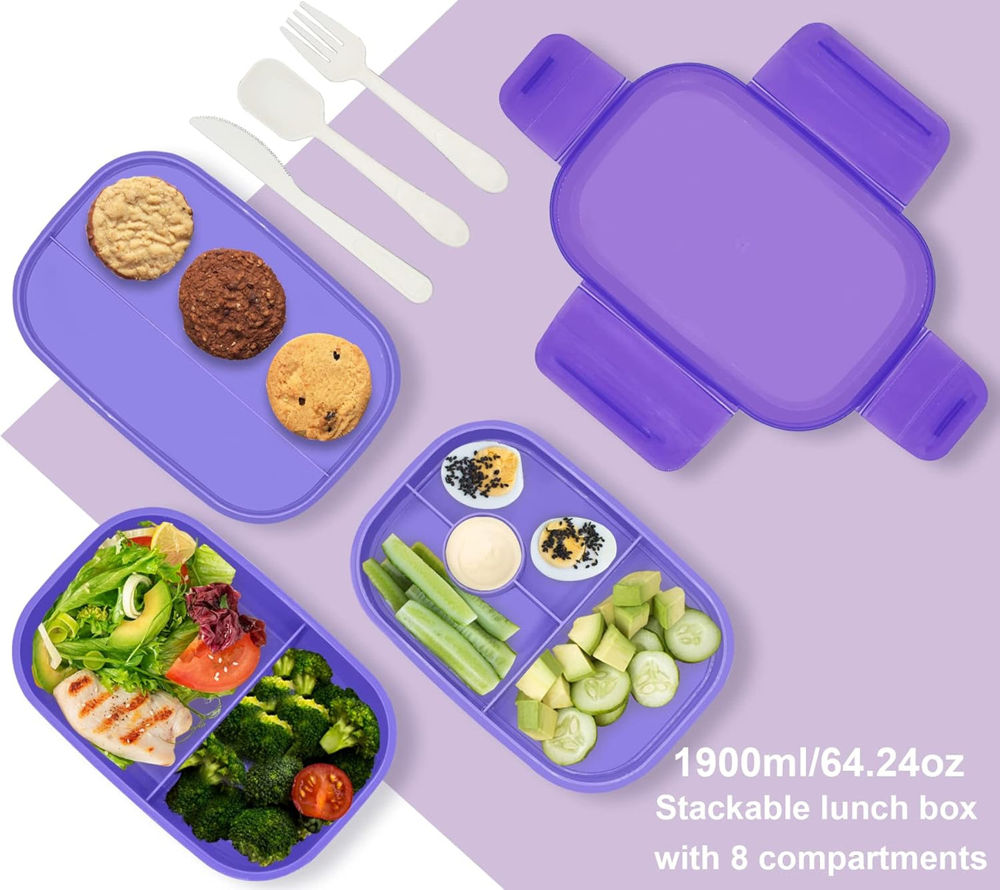 JBGOYON® Bento Lunch Box with Bag - All-in-One Stackable Lunch Containers with 3 Layers for Adults & Kids, 1900 ML Modern Bento-Style Design, Built-in Utensil Set, Lunch Bag (Purple)