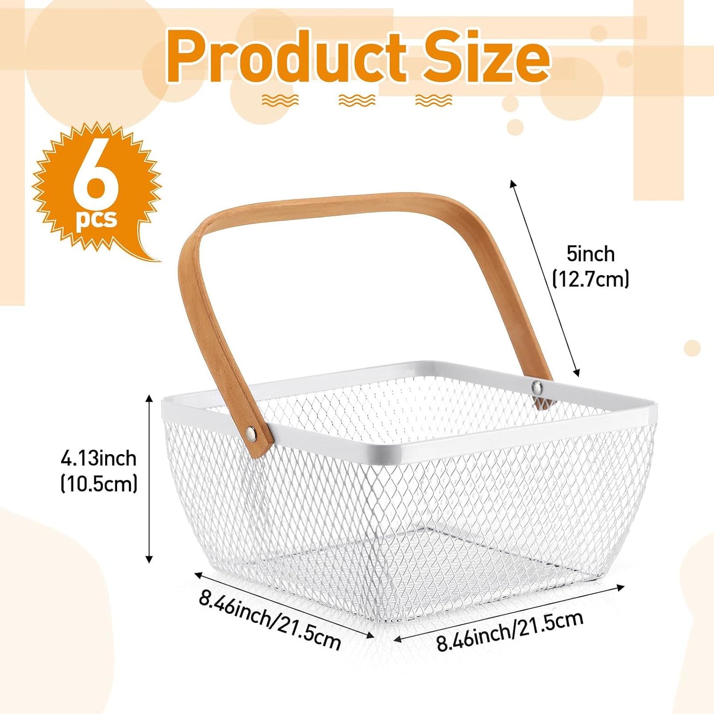 6 Pcs Metal Mesh Steel Basket with Handle Small Shopping Baskets Square Wire Harvest Storage for Kitchen Storage Garden Picnic Bathroom Organizing, 8.46 x 8.46 x 4.13 Inch(Black)
