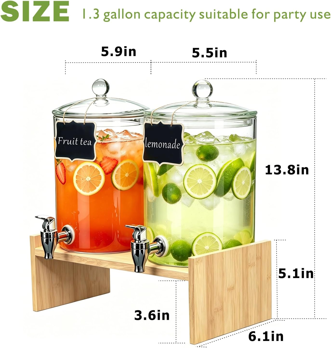 Glass Drink Dispenser with Bamboo Stand & Lid,2 Pack 1.3 Gallon Large Beverage Dispenser with Spigot,Iced Tea Water Juice & Lemonade Dispenser for Parties,Dishwasher Safe