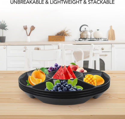 4 Pcs 12.4" Large Divided Serving Trays for Party Supplies, 6 Compartments Round Plastic Platters for Serving Food, Unbreakable Reusable Trays for Snack, Veggie, Fruit, Candy, White