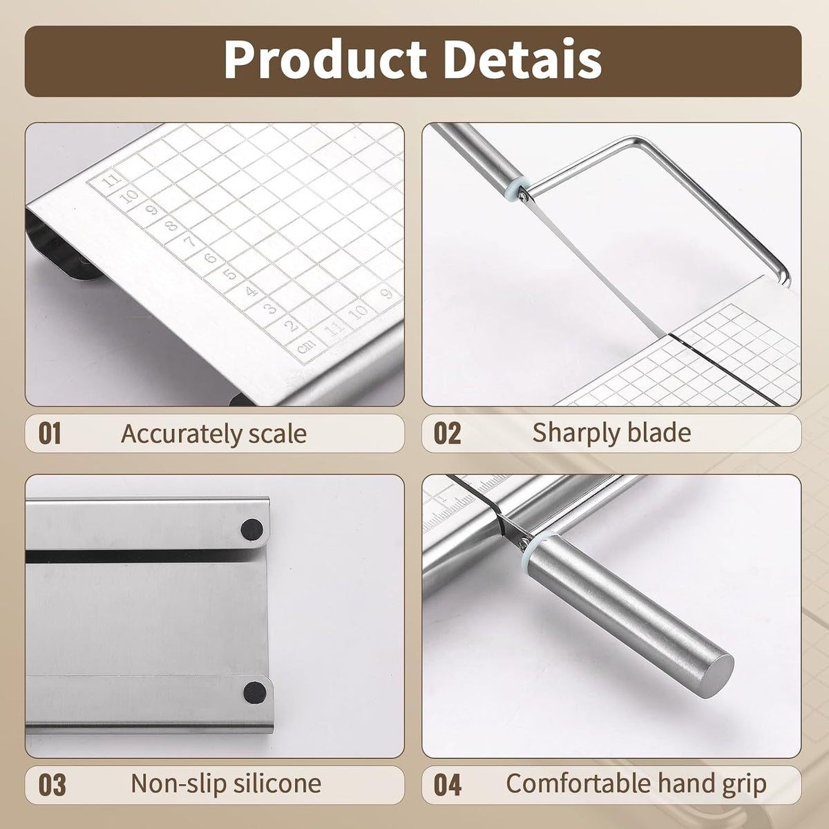 Cheese Slicer, Multipurpose Stainless Steel Cheese Cutter, Professional Upgrade with Sharp Blade & Engraved Measuring Scale Board for Block Cheese, Butter, Ham, Sausages Baking Gadget