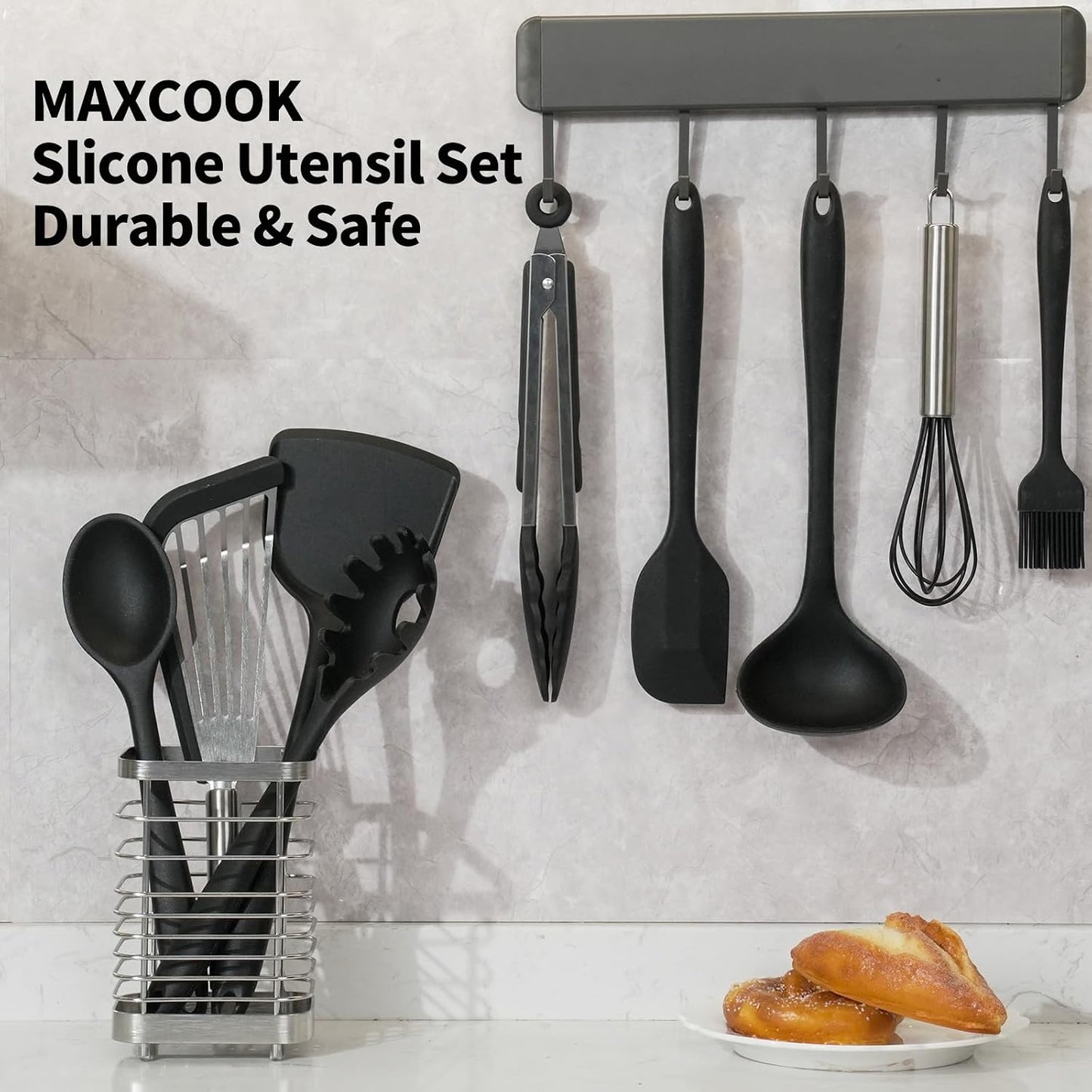 Silicone Black Cooking Utensil Set, 9 Pieces kitchen Utensil Set, Nonstick Tools Spatula Set, Heat Resistant Spatula Ladle Spoon Pasta Server for Cooking (Dishwasher safe)
