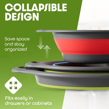 Gevoli 3-Pack Collapsible Colanders with Self-Draining Base, Over Sink-edge Silicone Food Strainers, Small/Med/Large Sizes, Nesting for Easy Compact Storage (3Qt, 4Qt, 5-Quart Set) Green/Gray