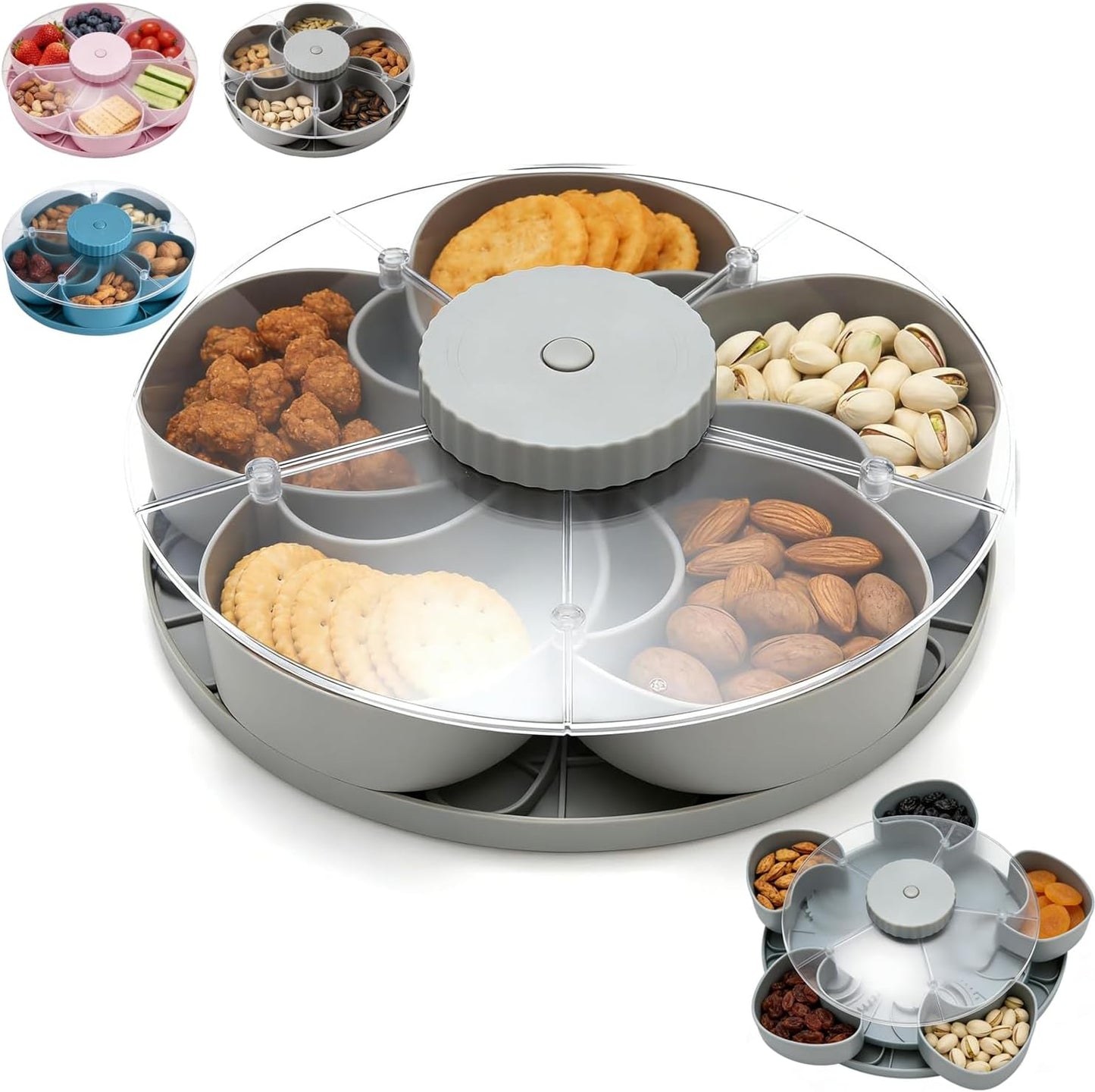 Rotating Flower Snack Serving Tray with Transparent Lid, 5-Compartment Petal Candy Dish & Nut Organizer, Creative Dried Fruit Storage Box for Living Room, Party, Home Decor (Gray)