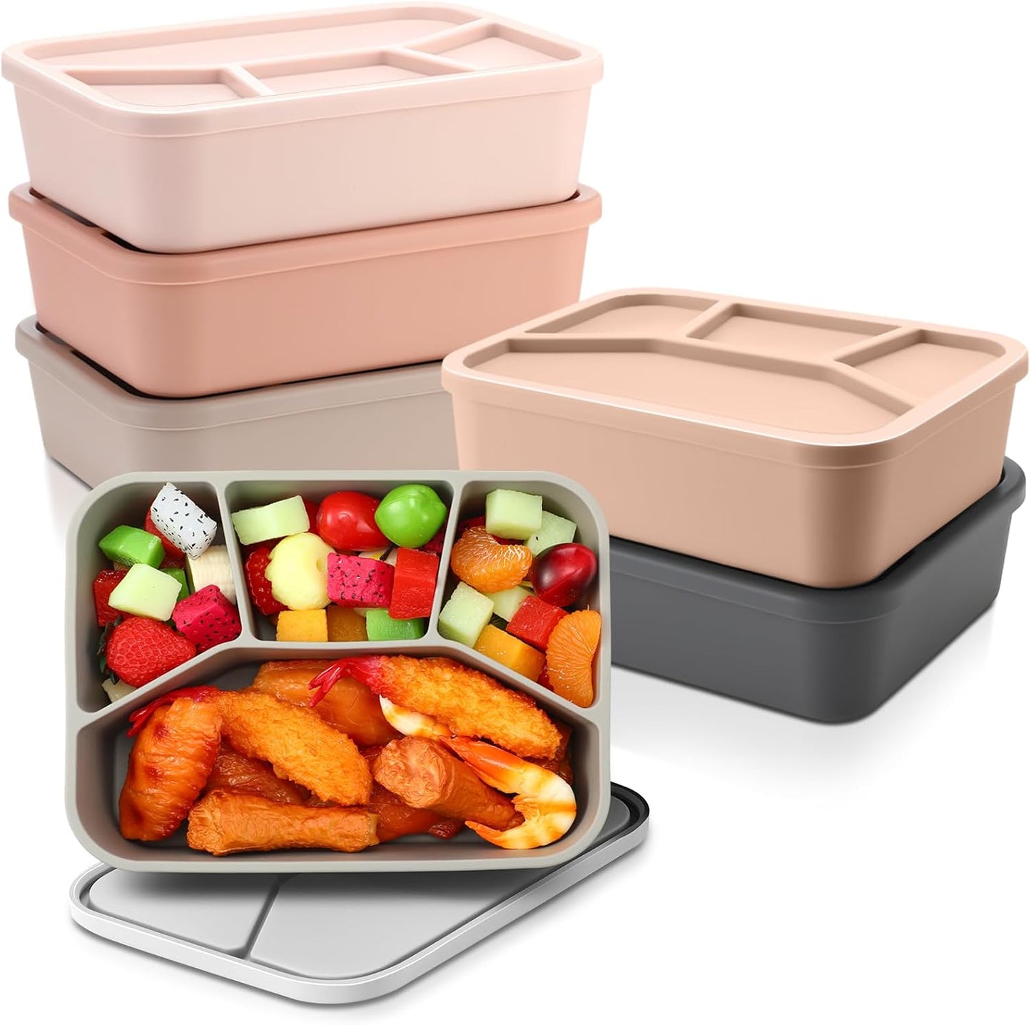 Honeydak 6 Pcs Silicone Bento Box Reusable Lunch Container 4 Compartment Snack Boxes with Lid Smooth LeakProof Rectangle Food Boxes for Adult Work Travel Food Storage (Cute Color)