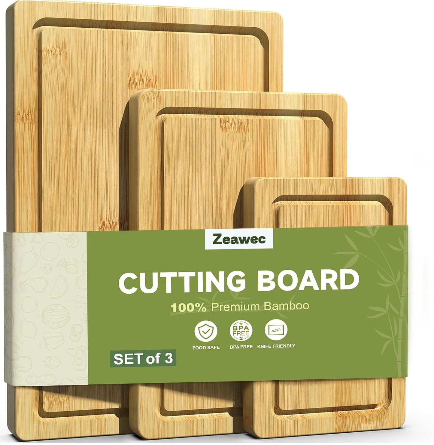 3-Piece Set Bamboo Cutting Board for Kitchen - Crack-Resistant Wood Chopping Boards with Deep Juice Grooves, Pre-Oiled Butcher Block for Meat, Vegetables & Cheese, Carbonized