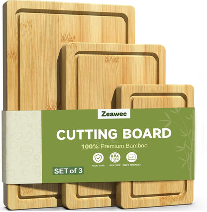 3-Piece Set Bamboo Cutting Board for Kitchen - Crack-Resistant Wood Chopping Boards with Deep Juice Grooves, Pre-Oiled Butcher Block for Meat, Vegetables & Cheese, Carbonized
