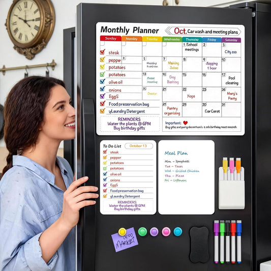UCMD Monthly Magnetic Dry Erase Calendar Whiteboard Set (4-Pack) for Fridge,Reusable Monthly and Weekly Planners with List & Blank Board,8 Markers,1 Eraser,1 Magnetic Storage Box and 5 Magnets