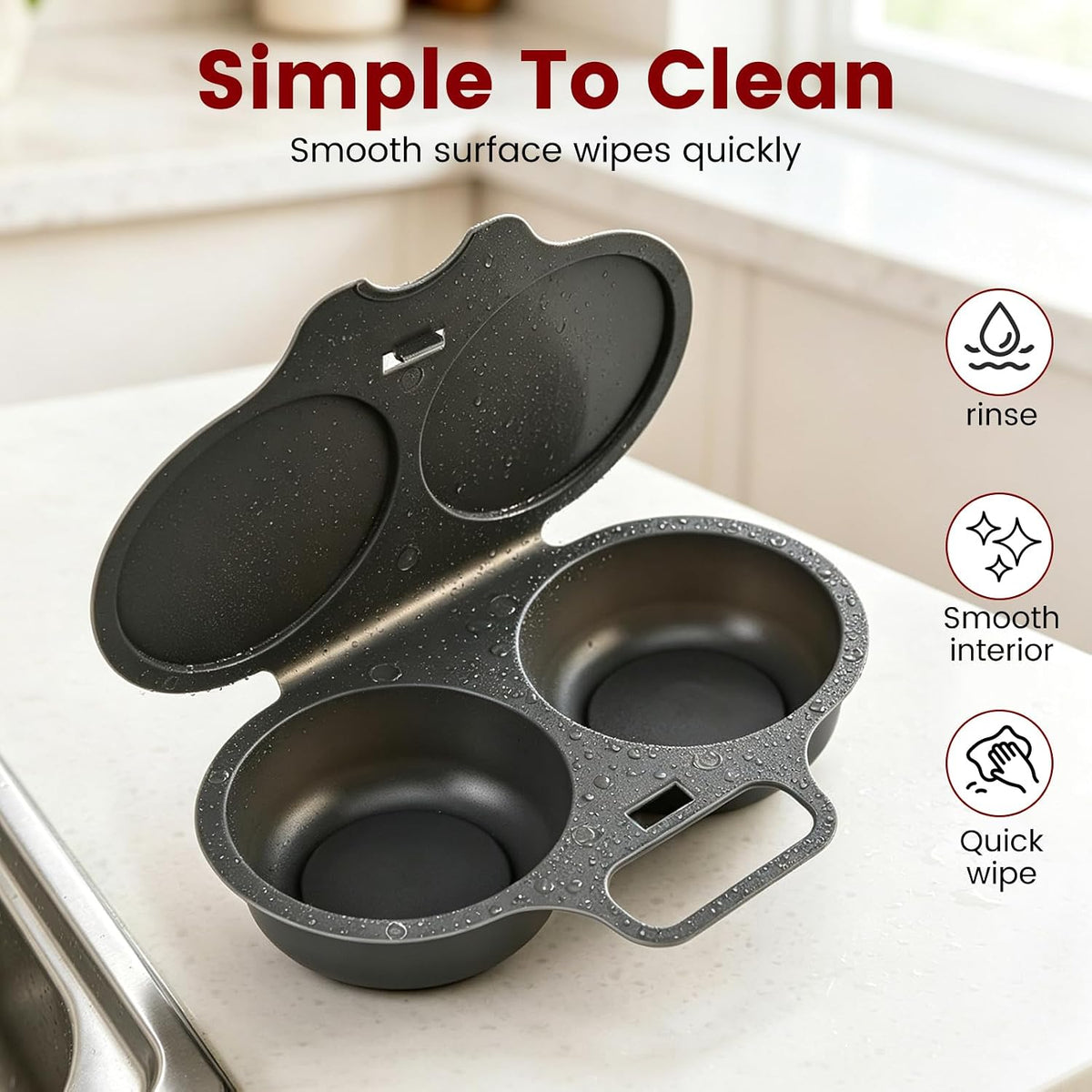 Dual Cavity Microwave Egg Poacher with Lid and Handle, Dark Gray
