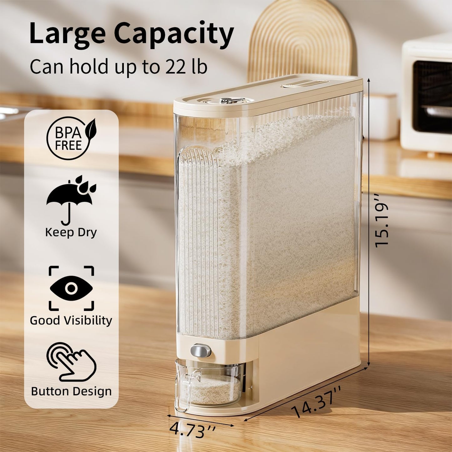 Rice Bucket, 20 lb. Multigrain Can, Visually Sealed Moisture-Proof Rice Storage Container with Measuring Cup, Large Bore Food Grade Grain Dispenser, BPA Free rice dispenser
