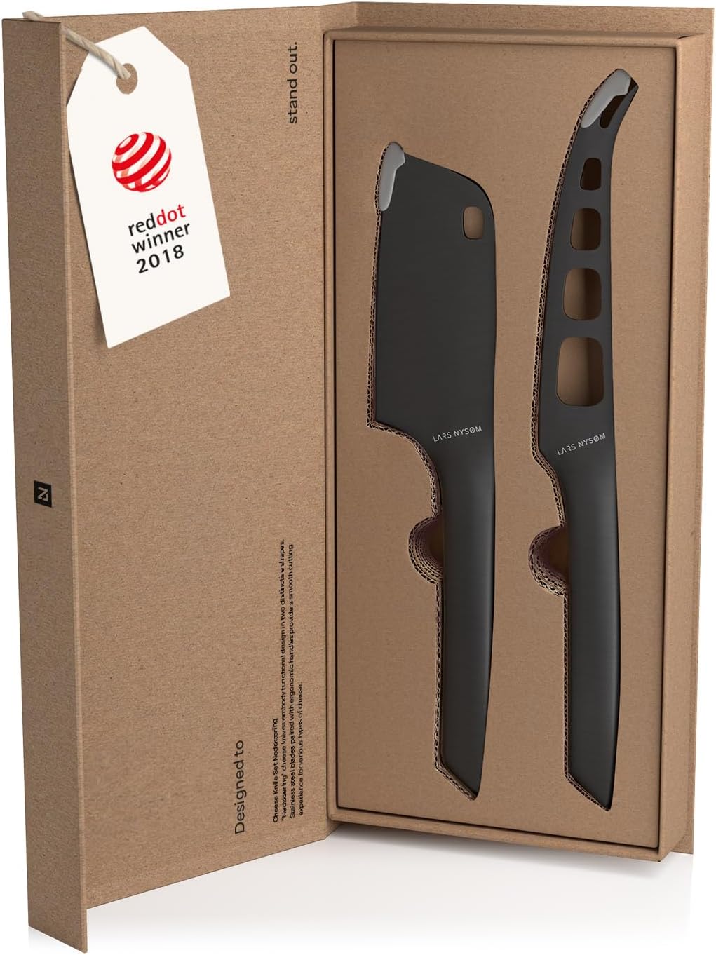 LARS NYSØM Cheese Knife Set Edge 2 pcs. I Cheese Knife Set Made of Stainless Steel I Premium Gift Box I Perfect as Christmas Gift (Carbon Black)