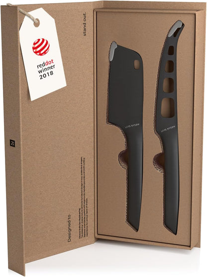 LARS NYSØM Cheese Knife Set Edge 2 pcs. I Cheese Knife Set Made of Stainless Steel I Premium Gift Box I Perfect as Christmas Gift (Carbon Black)