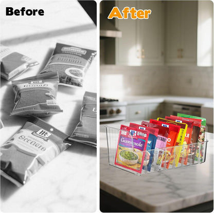 Rainmae Seasoning Packet Organizer with 7 Removable Dividers, Drink Packet Organizer Condiment Storage Caddy for Kitchen Pantry Cabinet Countertop Holds Spice Hot Chocolate Sauce Organization, Clear